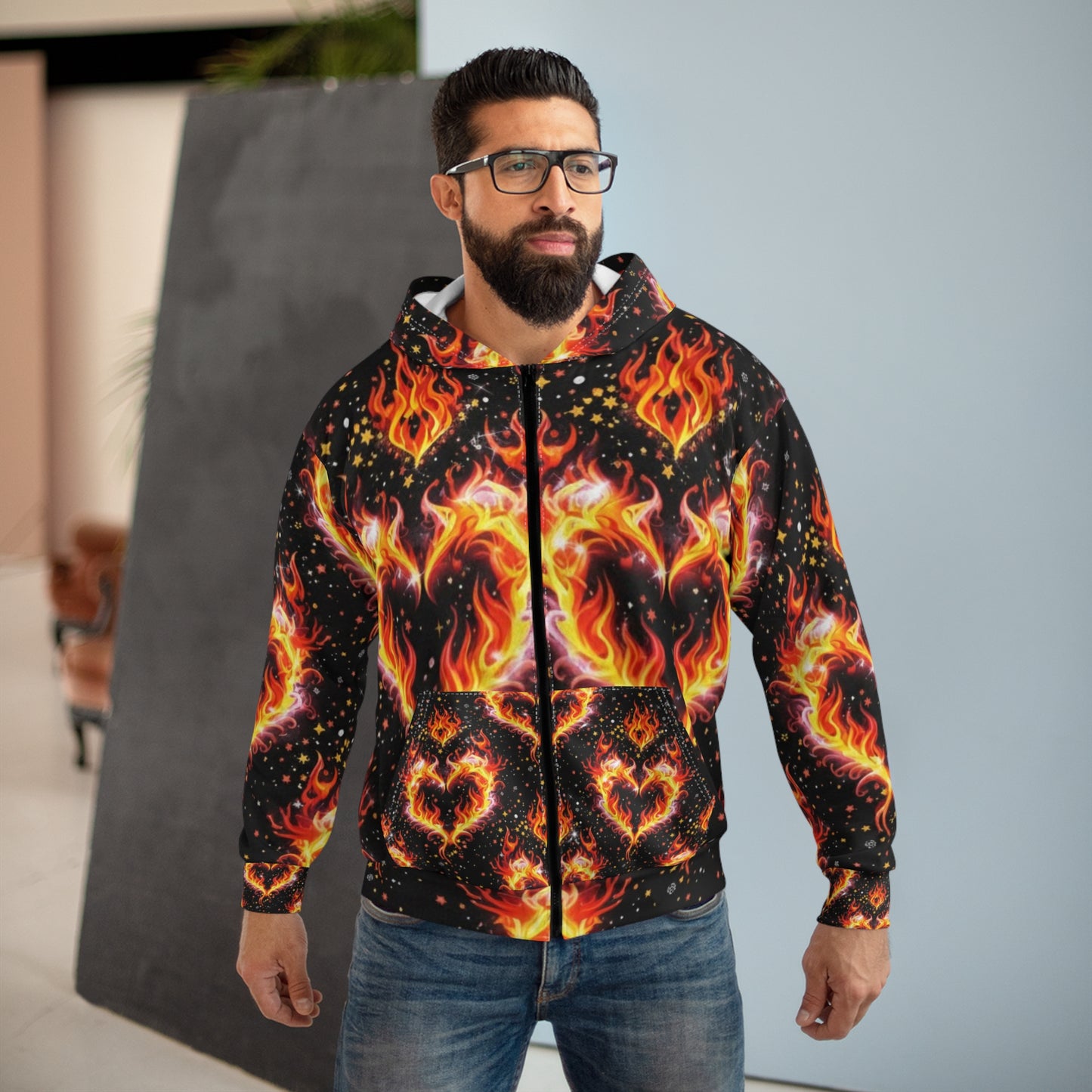 Lit Ghirly Collection - Heart of Flame Zip Hoodie — All-Over Fire Heart Pattern
