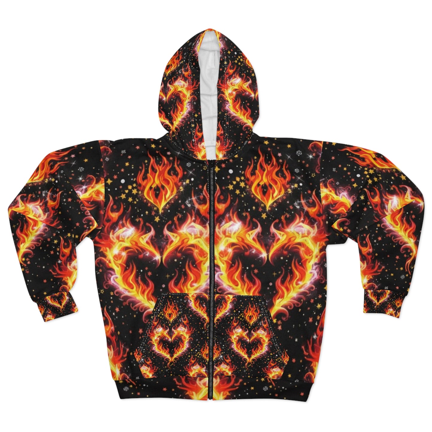 Lit Ghirly Collection - Heart of Flame Zip Hoodie — All-Over Fire Heart Pattern