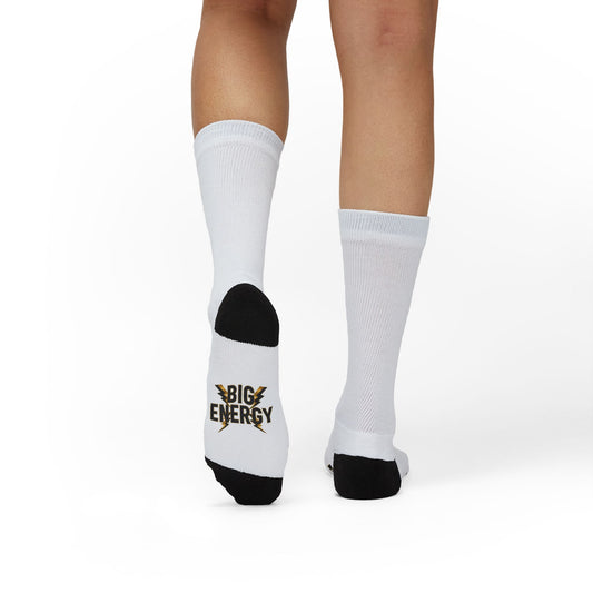 Big Energy Socks — White Athletic Crew Socks with 'BIG ENERGY' Lightning Design